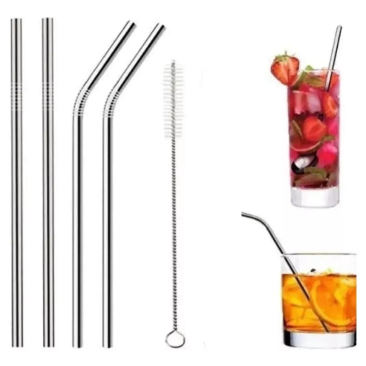 GENERICO - Set 4 Bombillas Reutilizables Con 1 Cepillo Ecologico Cocina Tragos