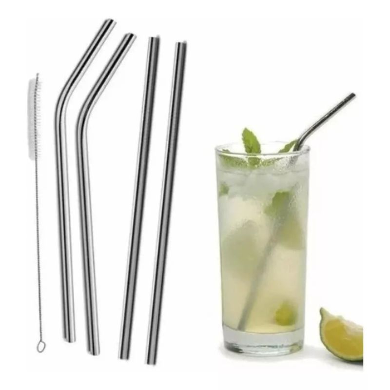 GENERICO - Set 4 Bombillas Reutilizables Con Cepillo Ecológico Cocina Tragos