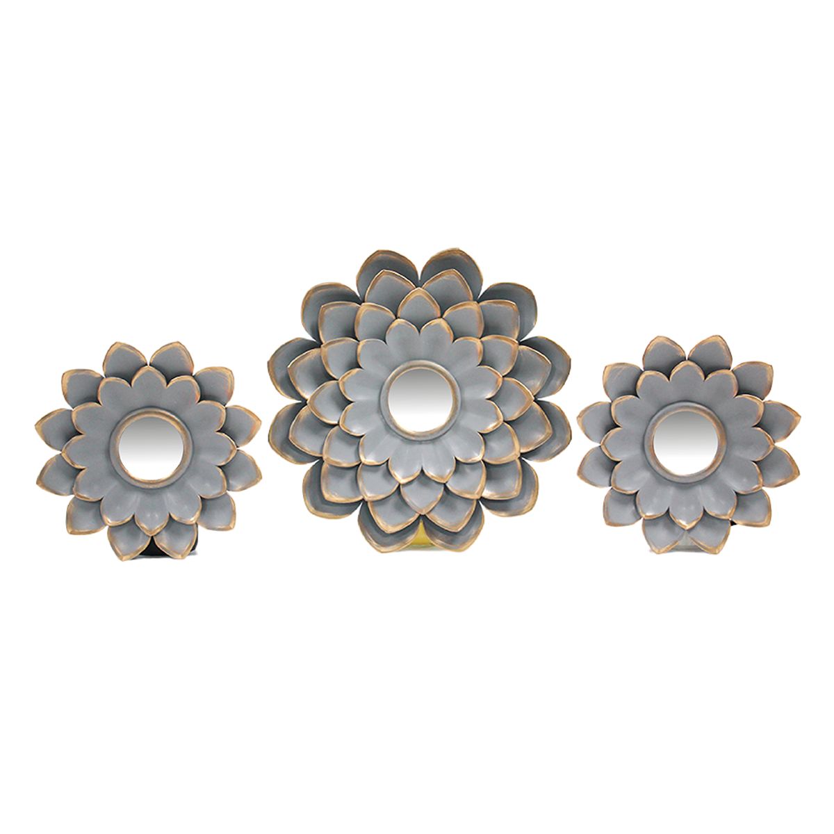 NEWTREE - Espejo Decorativo Diseño Flor Gris Borde Dorado 3pcs