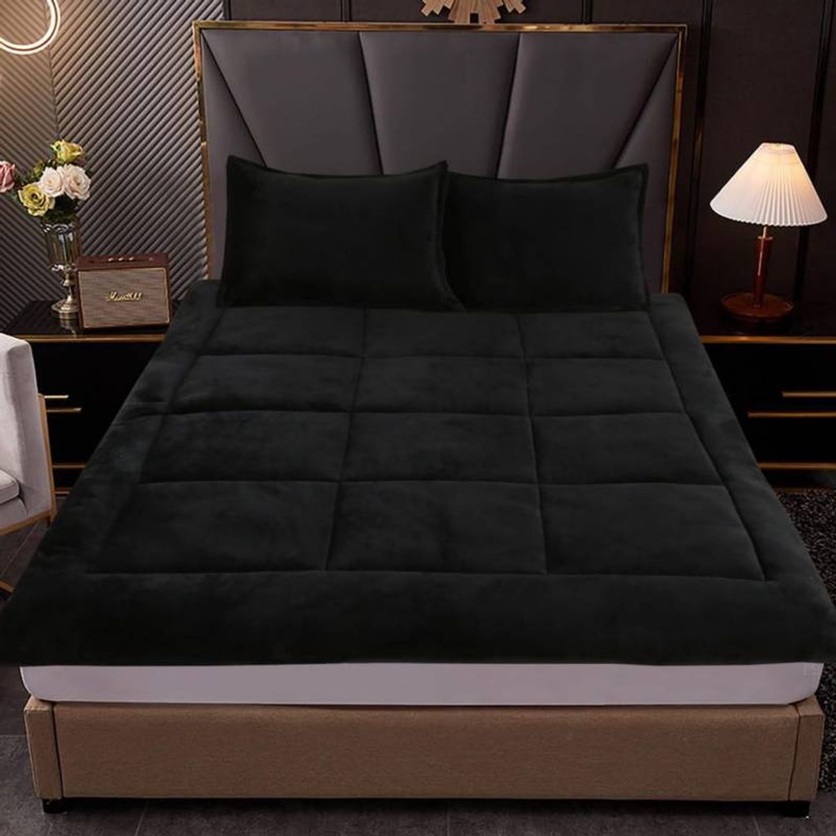 DIANA - topper negro cubre colchon de invierno acolchado 1 plaza 100 x 200