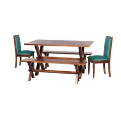 LATAM HOME - Juego De Comedor Sevilla 2 Sillas Girona+2 Bancas Tela Velvet Turquesa