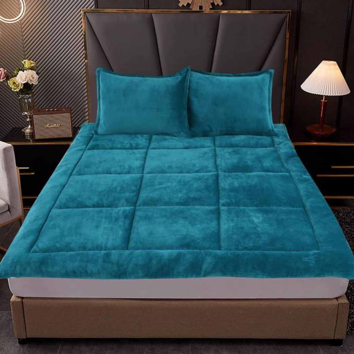 DIANA - cubre colchón topper de invierno acolchado  TURQUESA 1 plaza 100 x 200