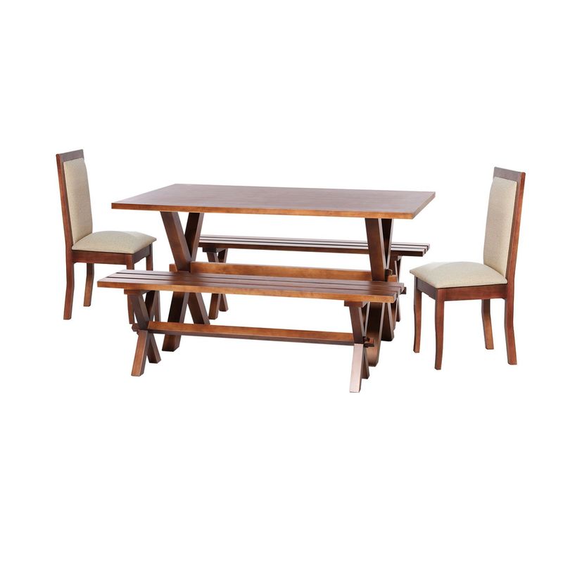 LATAM HOME - Juego De Comedor Sevilla 2 Sillas Girona + 2 Bancas Tela Lino Natural