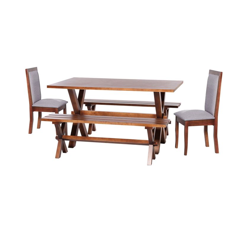 LATAM HOME - Juego De Comedor Sevilla 2 Sillas Girona + 2 Bancas Tela Lino Gris Claro