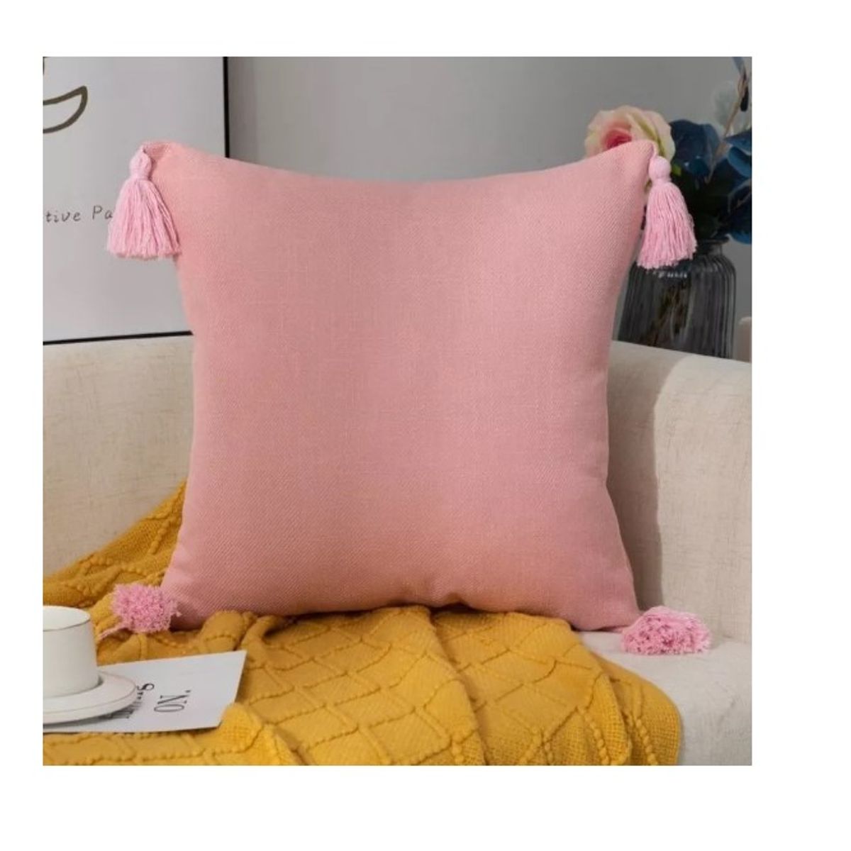 GENERICO - Funda Para Cojin De Lino Con Pompones 45x45cm Rosa