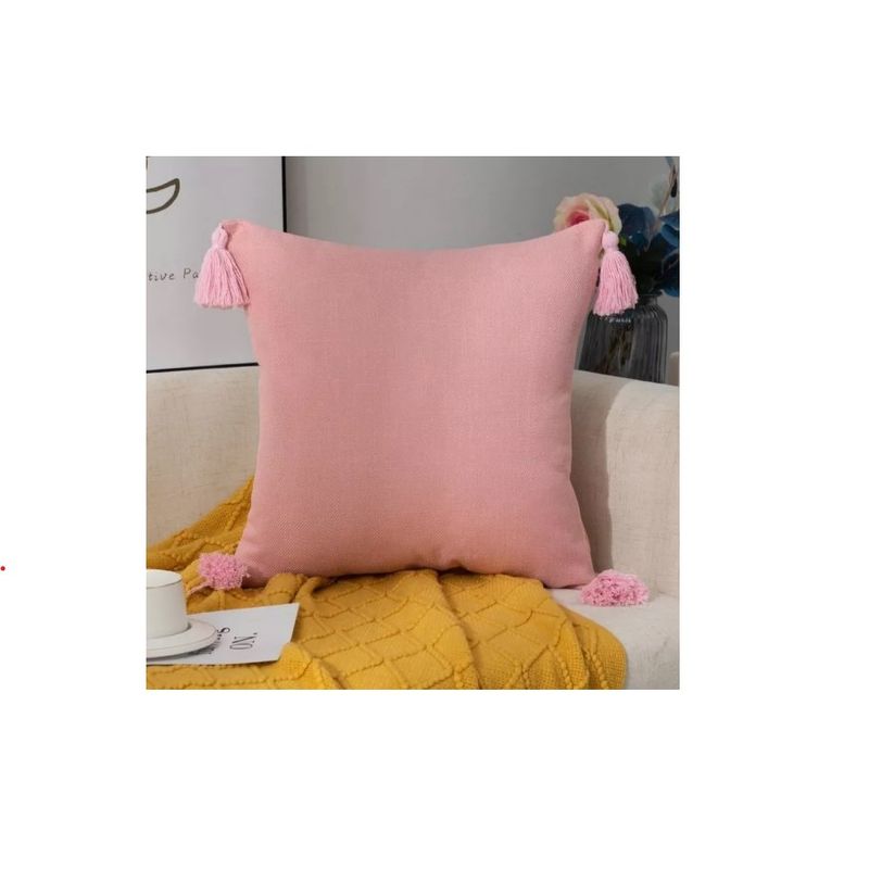 GENERICO - Funda Para Cojin De Lino Con Pompones 45x45cm Rosa
