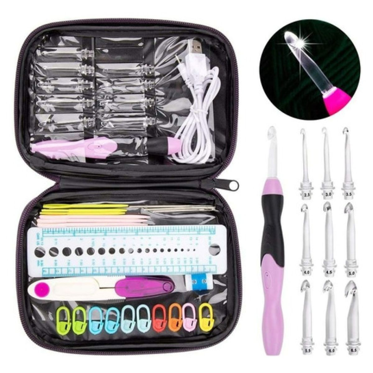 GENERICO - Set De Crochet Con Luz Led 9 Cabezales Recargable Por Usb