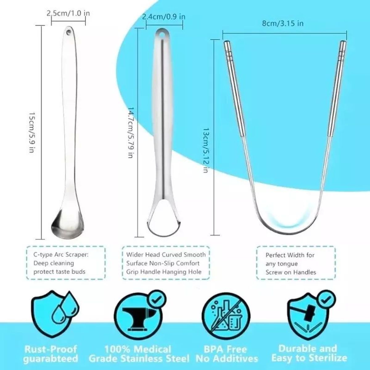 KUANGYE - Kit 4 Piezas Raspador Limpiador Lengua Boca Acero Inoxidable