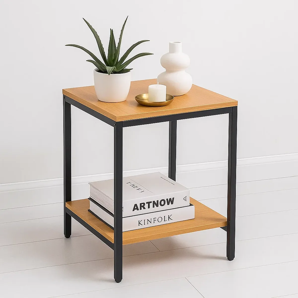 KLIK - Velador Mesa Auxiliar Lateral de 2 Niveles - Madera Clara