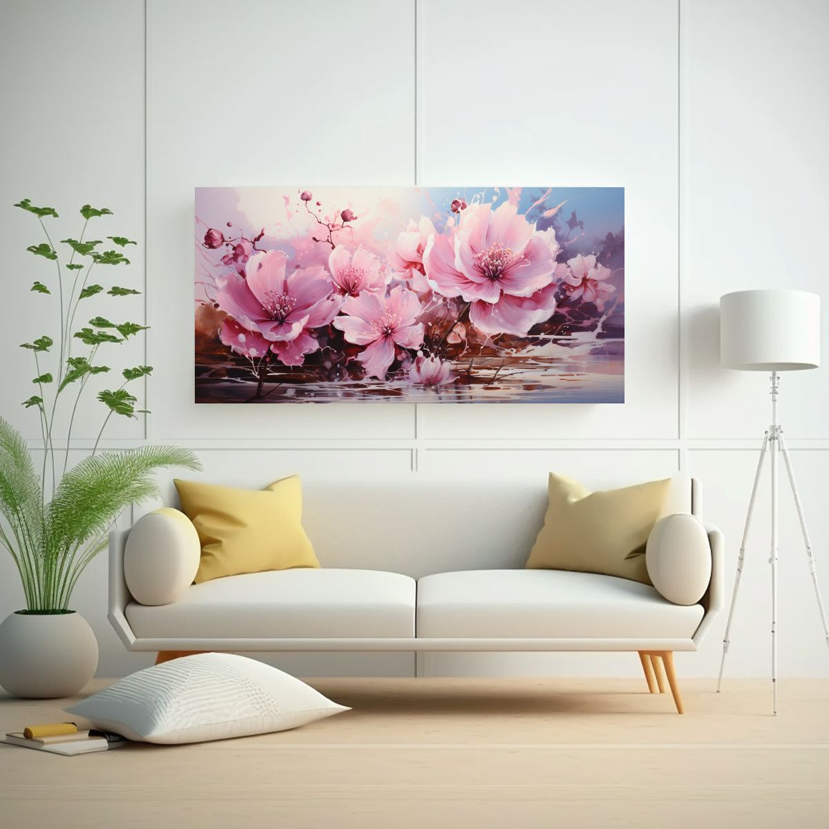 GENERICO - Cuadro Inspirador Baño Flores Blanco Y Rosa Pintura Abstrac 160x80cm