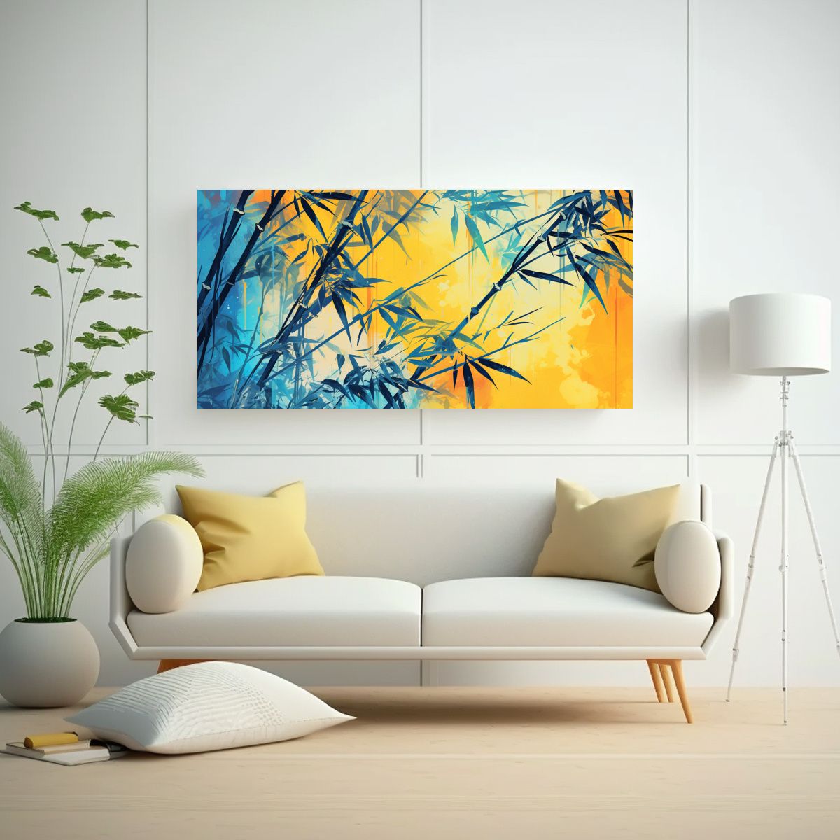 GENERICO - Cuadro Diseño Sala Bambú En Colores Amarillo Y Azul, Ambie 160x80cm.