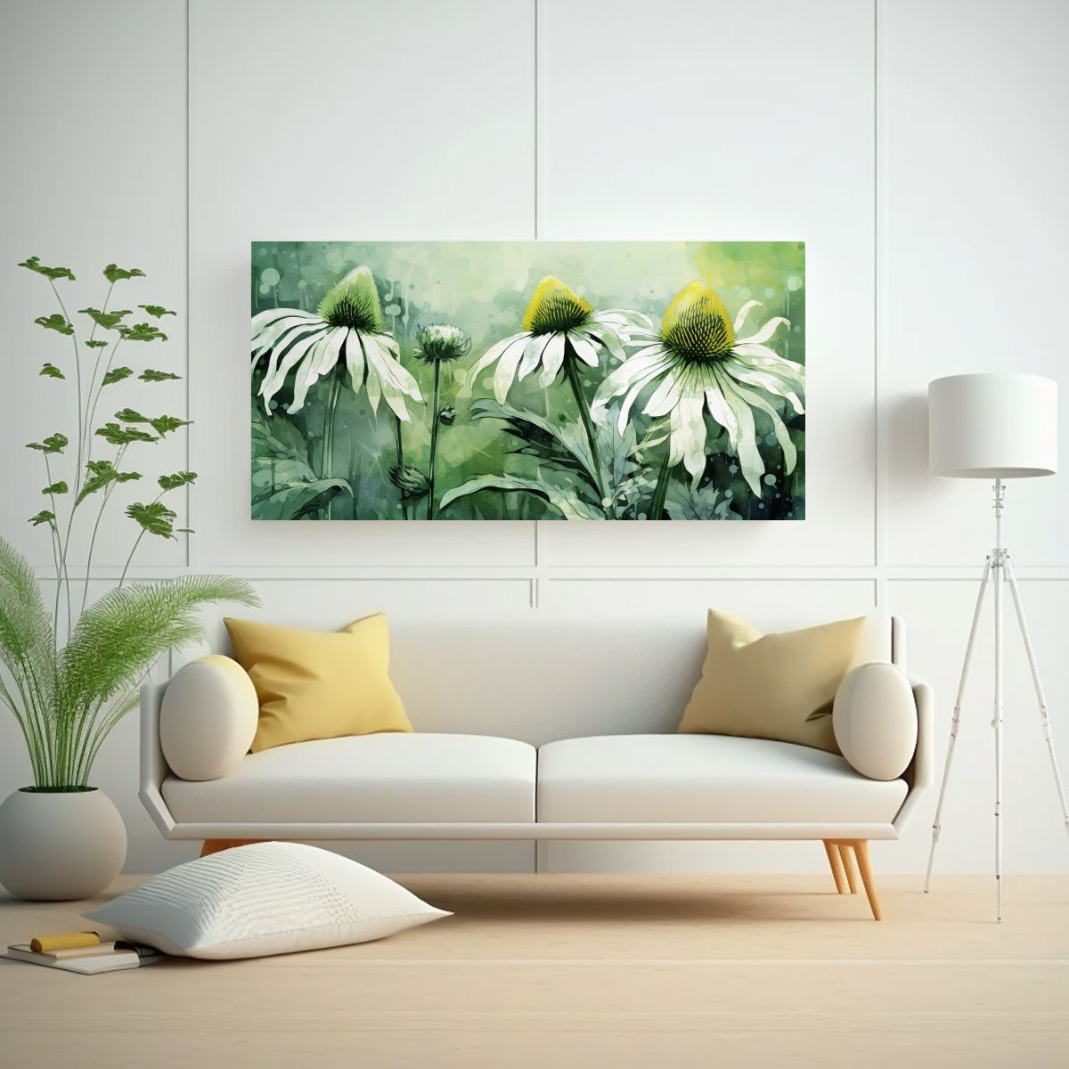 GENERICO - Lienzo Conceptual Herbs Coneflower En Tonos Verde Y Blanco A 160x80cm.