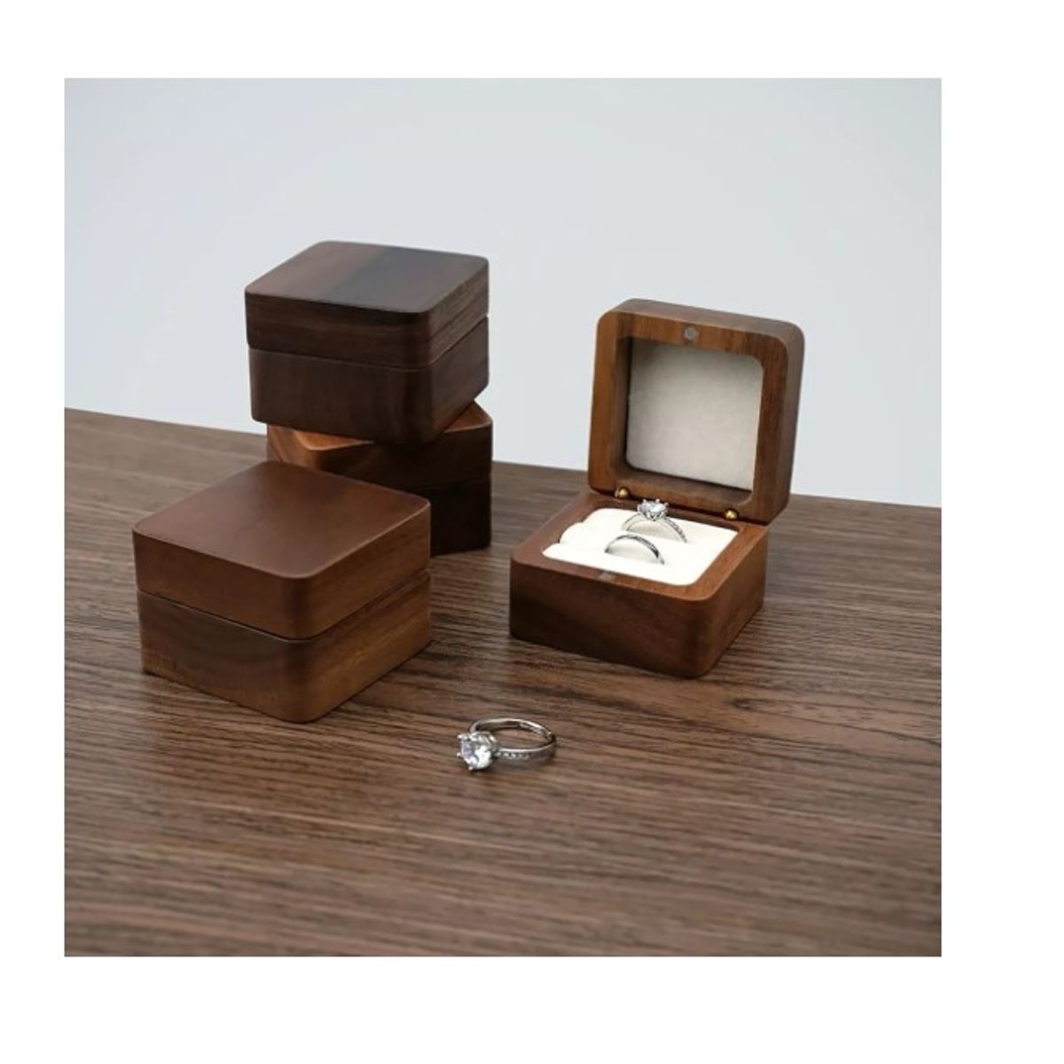 GENERICO - Caja Anillo Compromiso Cuadrado De Madera Exhibidor Joyería