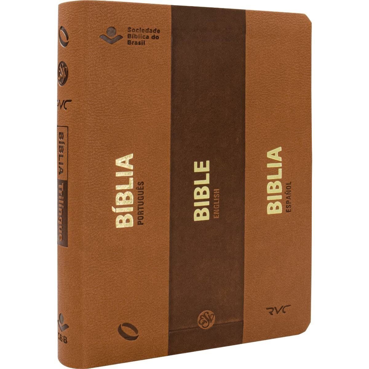 SOCIEDADES BIBLICAS UNIDAS - Biblia Trilingüe Portugués Inglés Español NAA ESV RVC Marrón Símil Piel