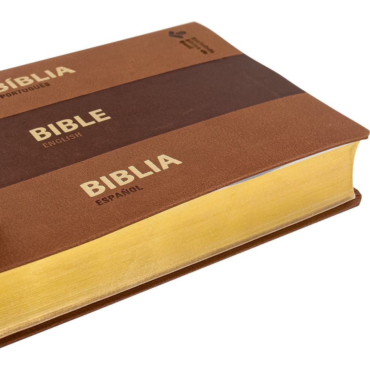 SOCIEDADES BIBLICAS UNIDAS - Biblia Trilingüe Portugués Inglés Español NAA ESV RVC Marrón Símil Piel
