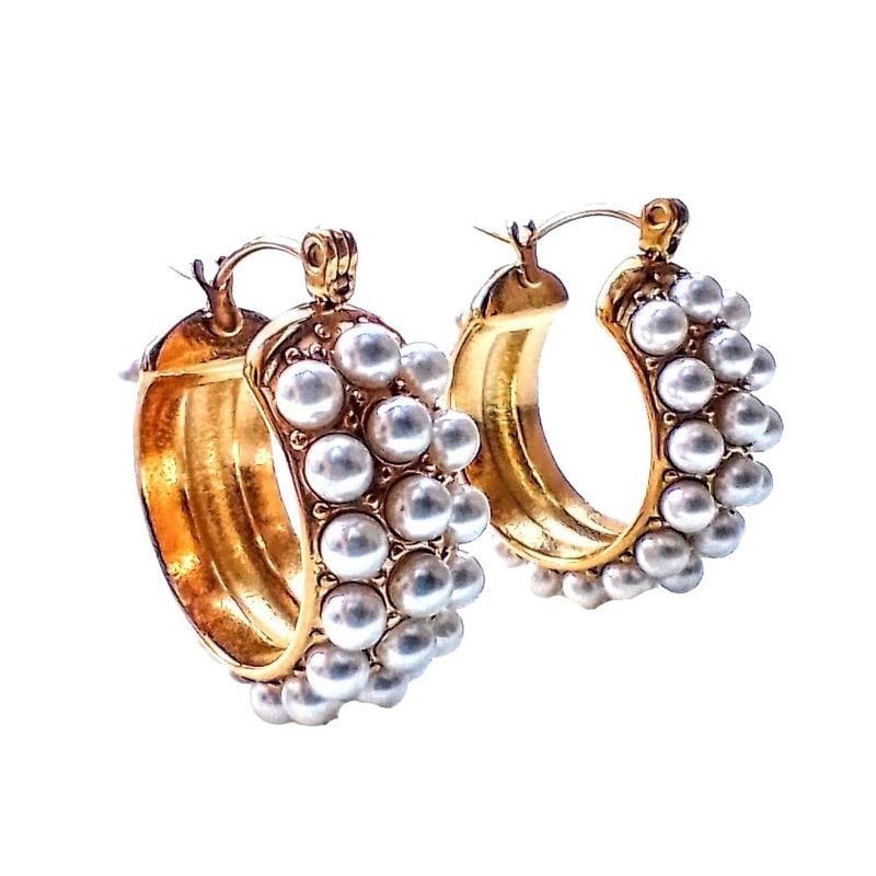 ELBAULDEJUMA - Aretes argollas tipo hoop bote con perlas chapadas en oro 18k