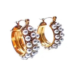 ELBAULDEJUMA - Aretes argollas tipo hoop bote con perlas chapadas en oro 18k