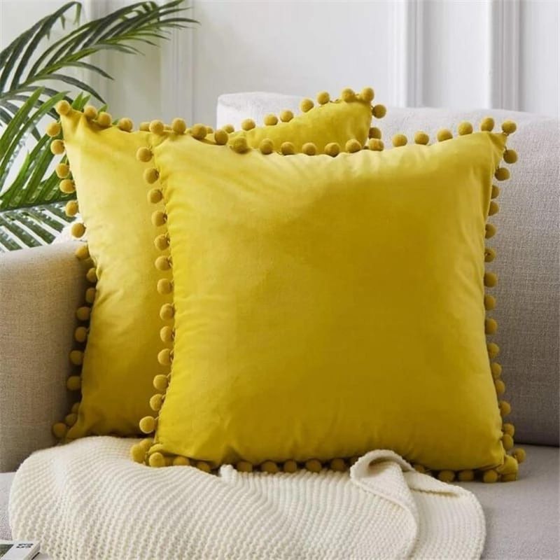 GENERICO - Pack 2 Funda De Cojines Terciopelo Con Pompones Amarillo