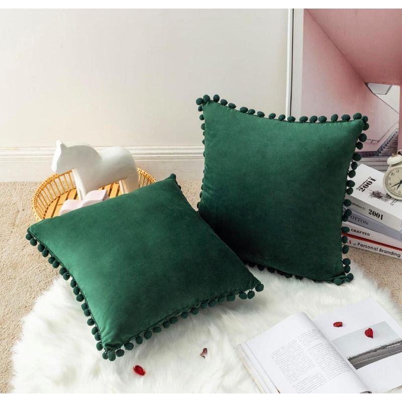 GENERICO - Pack 2 Funda De Cojines Terciopelo Con Pompones Verde