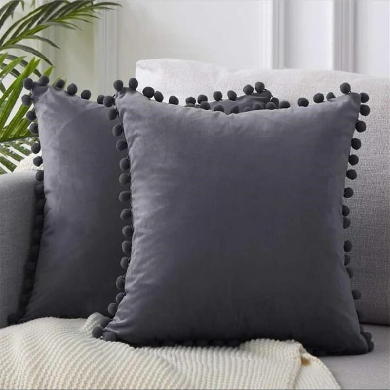 GENERICO - Pack 2 Funda De Cojines Terciopelo Con Pompones Gris Oscuro