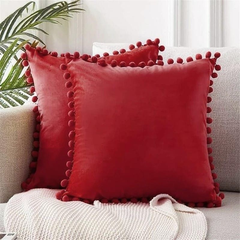 GENERICO - Pack 2 Funda De Cojines Terciopelo Con Pompones Rojo
