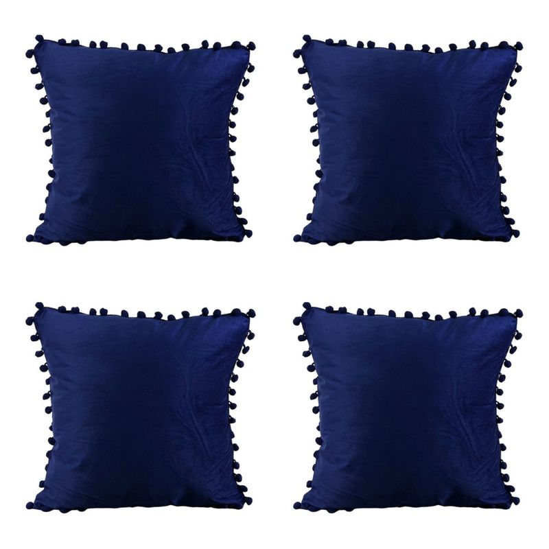 GENERICO - Pack 4 Fundas De Cojines Con Pompones Terciopelo Azul Marino