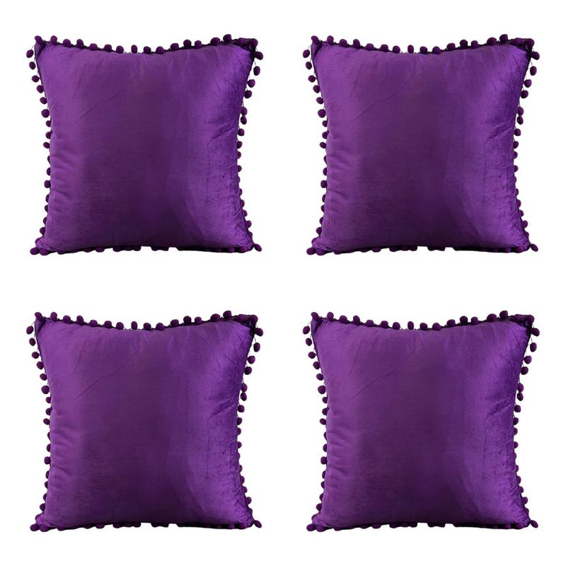GENERICO - Pack 4 Fundas De Cojines Con Pompones Terciopelo Morado