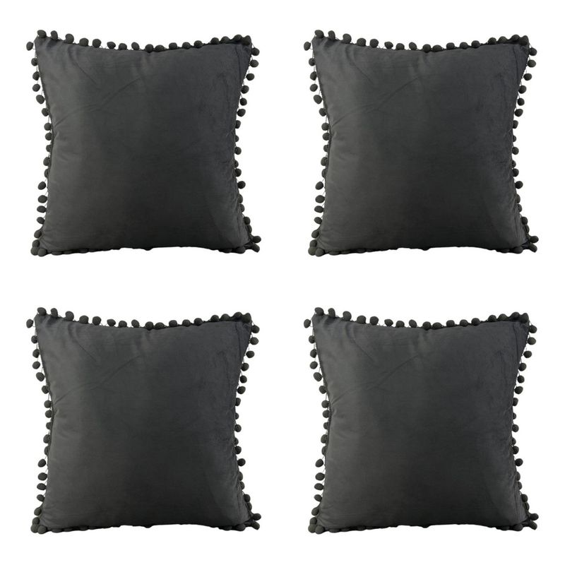 GENERICO - Pack 4 Fundas De Cojines Con Pompones Terciopelo Gris Oscuro