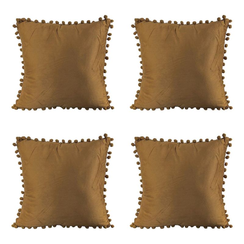 GENERICO - Pack 4 Fundas De Cojines Con Pompones Terciopelo Cafe