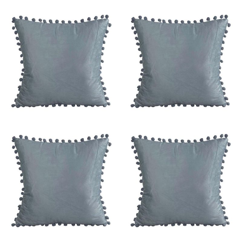 GENERICO - Pack 4 Fundas De Cojines Con Pompones Terciopelo Gris Claro