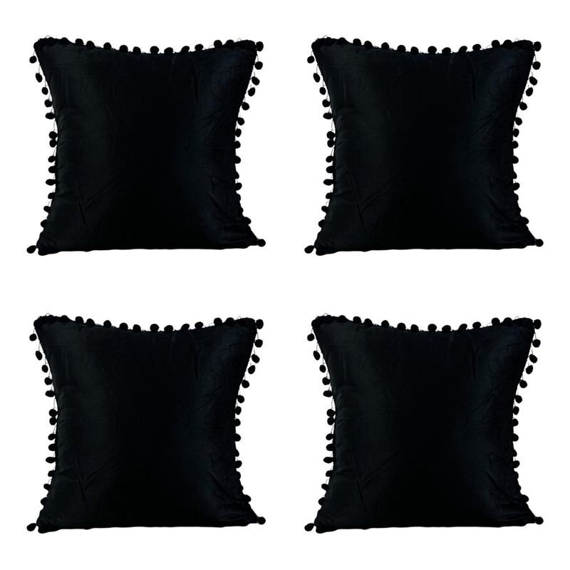 GENERICO - Pack 4 Fundas De Cojines Con Pompones Terciopelo Negro