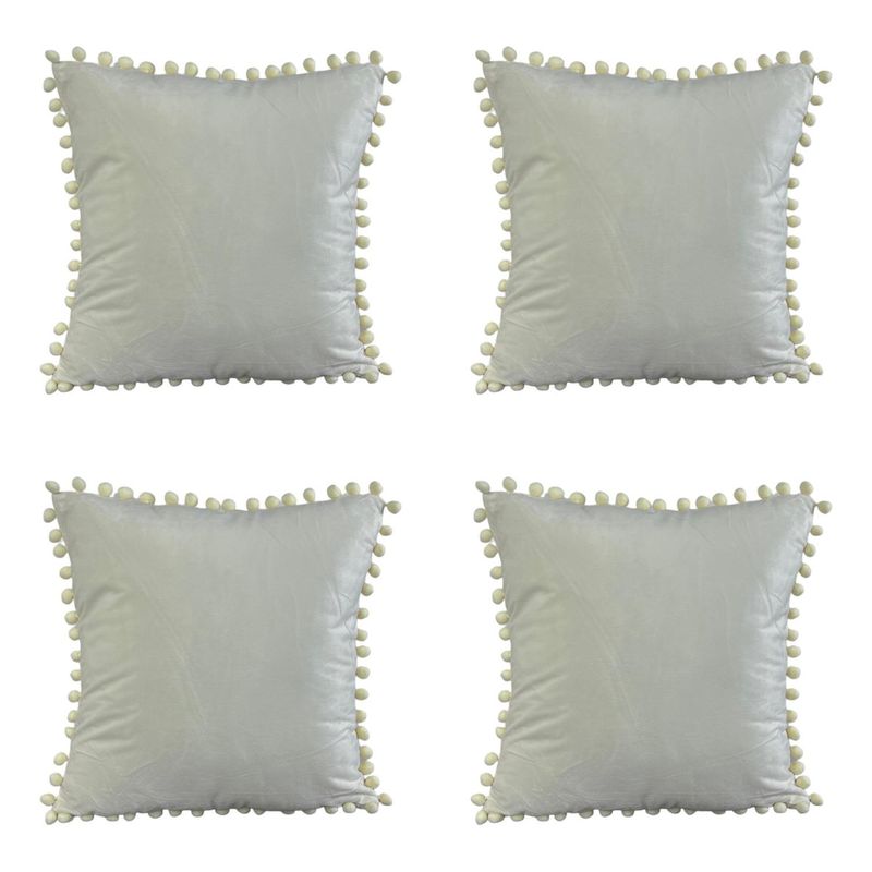 GENERICO - Pack 4 Fundas De Cojines Con Pompones Terciopelo Crema