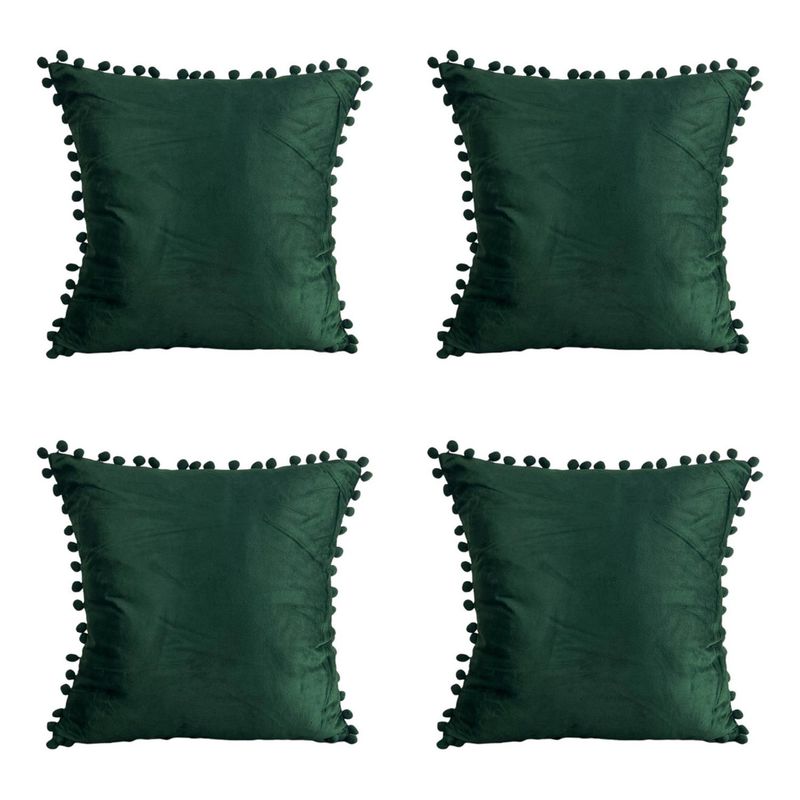 GENERICO - Pack 4 Fundas De Cojines Con Pompones Terciopelo Verde