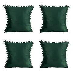 GENERICO - Pack 4 Fundas De Cojines Con Pompones Terciopelo Verde