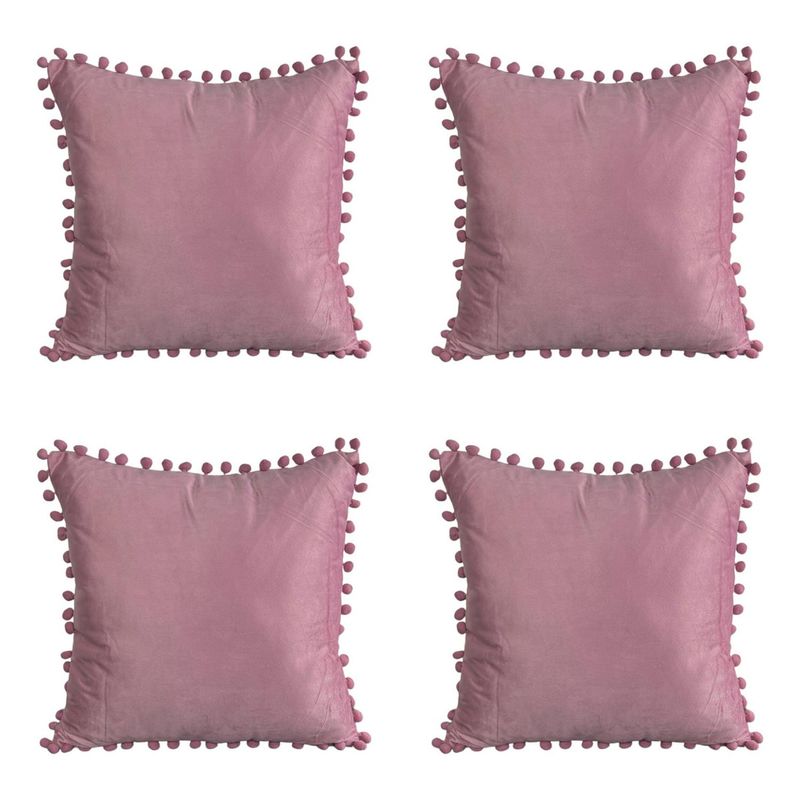 GENERICO - Pack 4 Fundas De Cojines Con Pompones Terciopelo Rosado