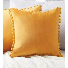 GENERICO - Funda De Cojines Con Pompones Medida 45x45 Terciopelo Mostaza