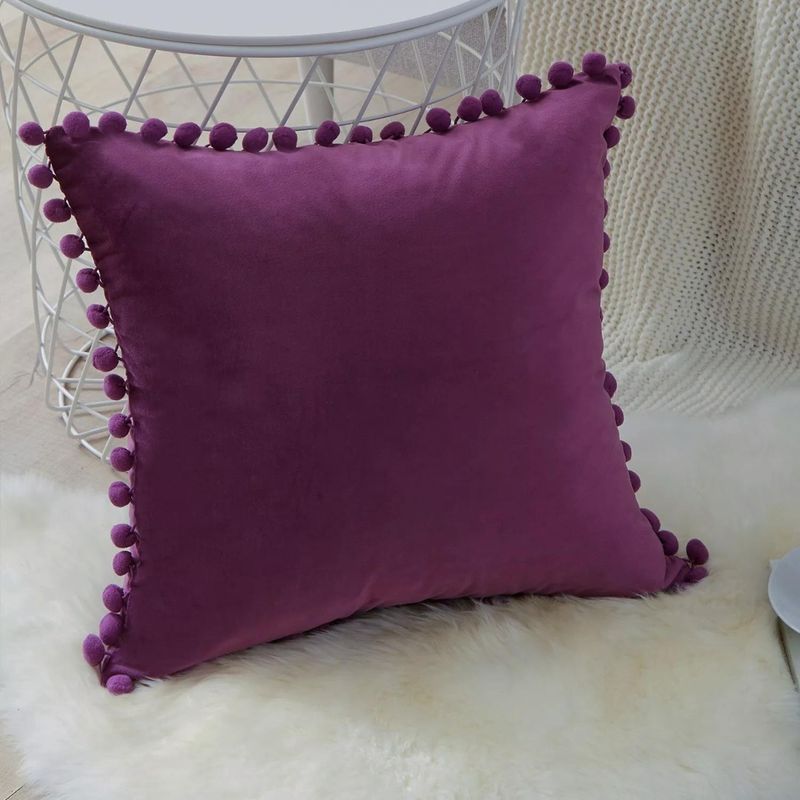 GENERICO - Funda De Cojines Con Pompones Medida 45x45 Terciopelo Morado