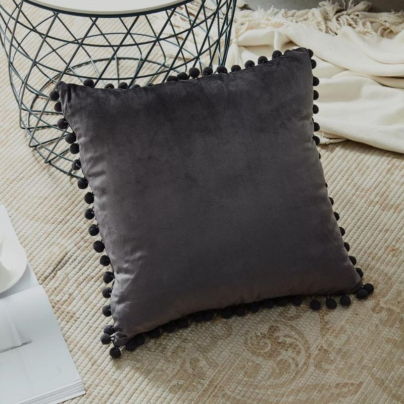 GENERICO - Funda De Cojines Con Pompones Medida 45x45 Terciopelo Gris Oscuro