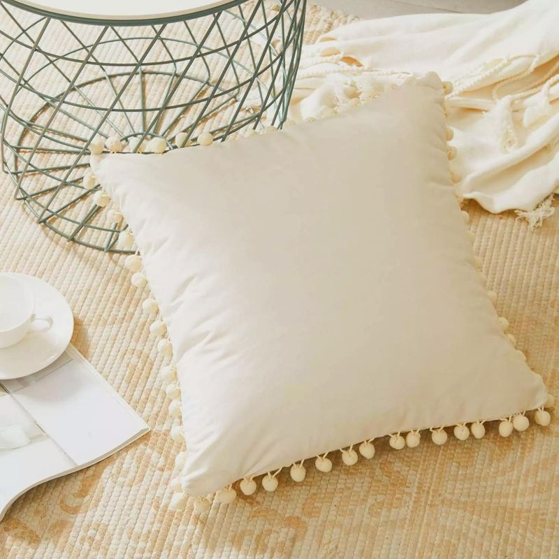 GENERICO - Funda De Cojines Con Pompones Medida 45x45 Terciopelo Crema