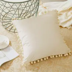 GENERICO - Funda De Cojines Con Pompones Medida 45x45 Terciopelo Crema