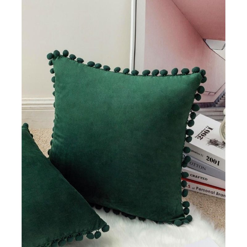 GENERICO - Funda De Cojines Con Pompones Medida 45x45 Terciopelo Verde
