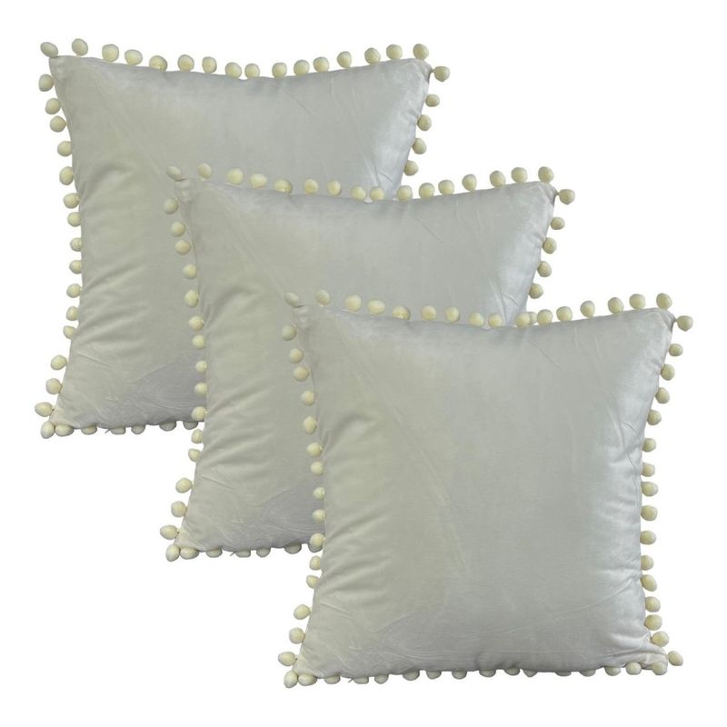 GENERICO - Set 3 Fundas De Cojines Terciopelo Con Pompones Crema