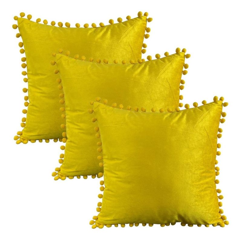 GENERICO - Set 3 Fundas De Cojines Terciopelo Con Pompones Amarillo