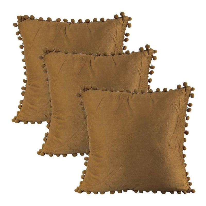 GENERICO - Set 3 Fundas De Cojines Terciopelo Con Pompones Cafe