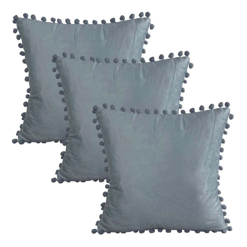 GENERICO - Set 3 Fundas De Cojines Terciopelo Con Pompones Gris Claro