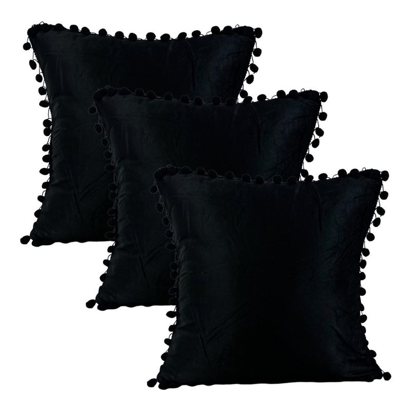 GENERICO - Set 3 Fundas De Cojines Terciopelo Con Pompones Negro