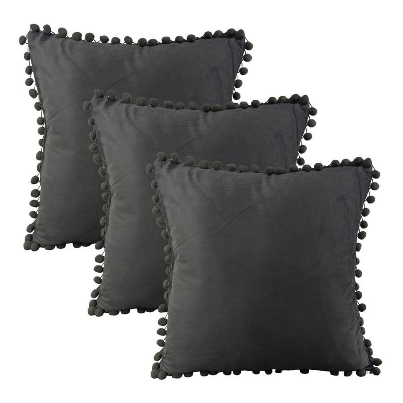 GENERICO - Set 3 Fundas De Cojines Terciopelo Con Pompones Gris Oscuro