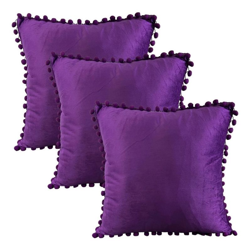 GENERICO - Set 3 Fundas De Cojines Terciopelo Con Pompones Morado
