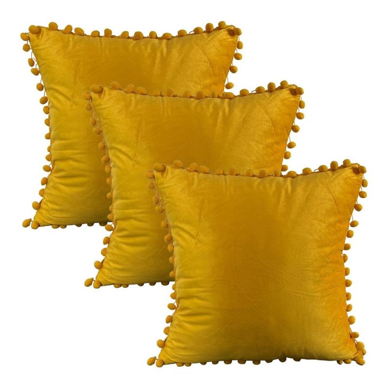 GENERICO - Set 3 Fundas De Cojines Terciopelo Con Pompones Mostaza