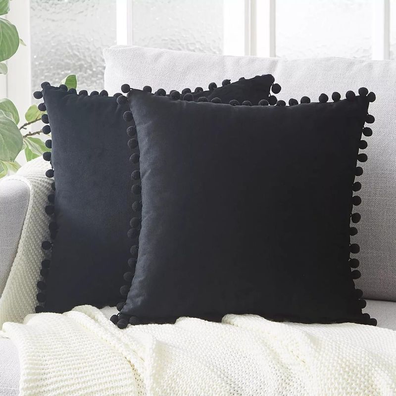 GENERICO - Pack 2 Funda De Cojines Terciopelo Con Pompones Negro